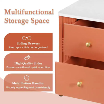 Whisen Modern Minimalist Nightstand with 2 Storage Drawer, Golden Metal Handles and Legs, Unique Textured Design