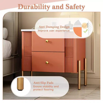 Whisen Modern Minimalist Nightstand with 2 Storage Drawer, Golden Metal Handles and Legs, Unique Textured Design