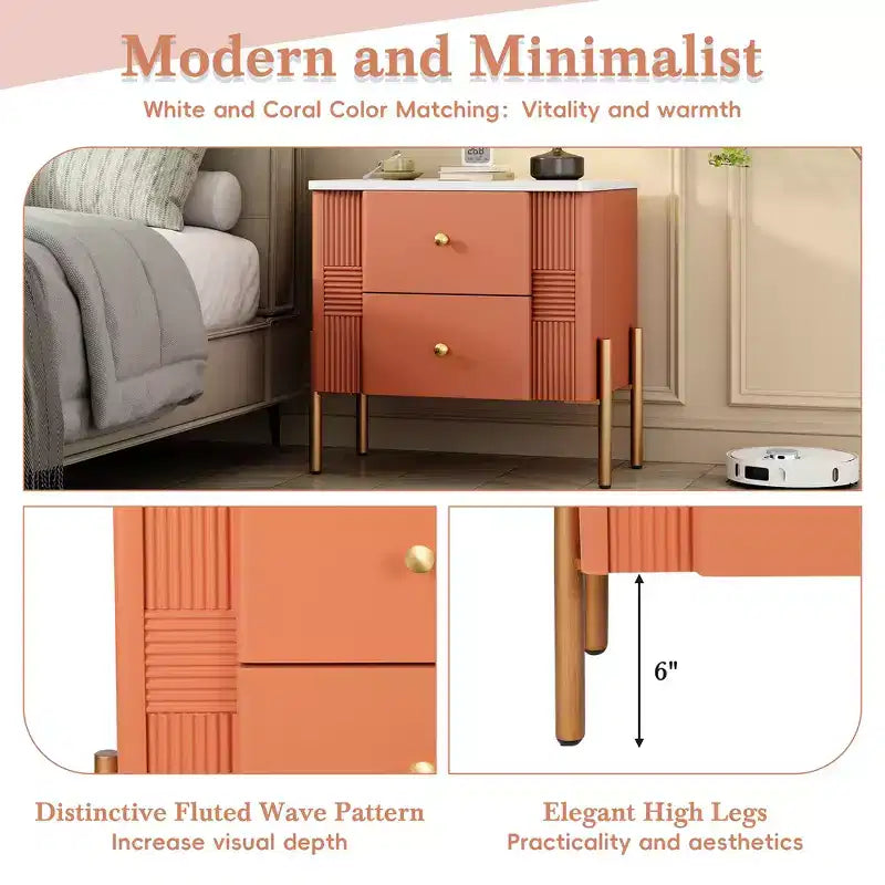 Whisen Modern Minimalist Nightstand with 2 Storage Drawer, Golden Metal Handles and Legs, Unique Textured Design