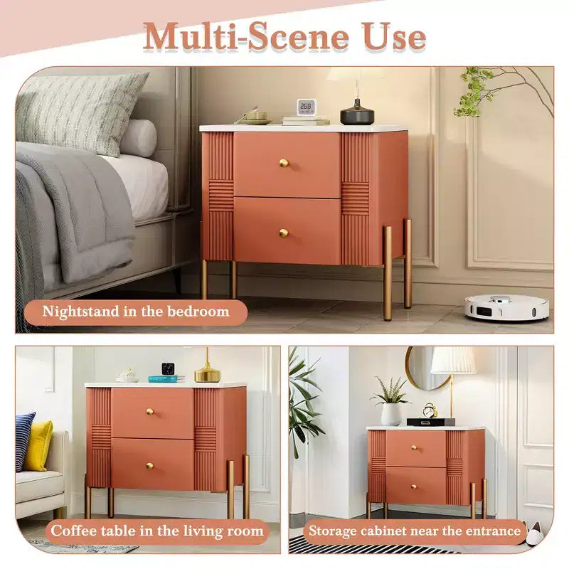 Whisen Modern Minimalist Nightstand with 2 Storage Drawer, Golden Metal Handles and Legs, Unique Textured Design