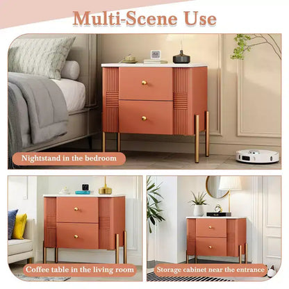 Whisen Modern Minimalist Nightstand with 2 Storage Drawer, Golden Metal Handles and Legs, Unique Textured Design