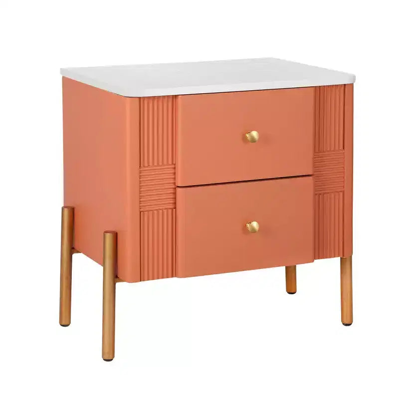 Whisen Modern Minimalist Nightstand with 2 Storage Drawer, Golden Metal Handles and Legs, Unique Textured Design