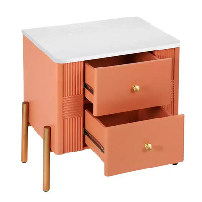 Whisen Modern Minimalist Nightstand with 2 Storage Drawer, Golden Metal Handles and Legs, Unique Textured Design