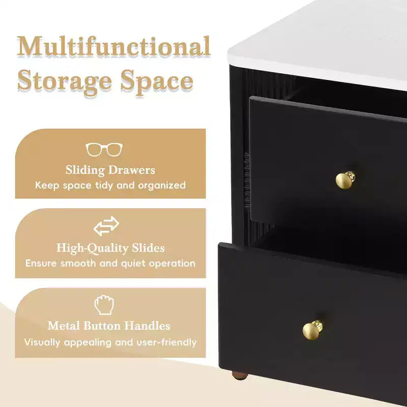 Whisen Modern Minimalist Nightstand with 2 Storage Drawer, Golden Metal Handles and Legs, Unique Textured Design