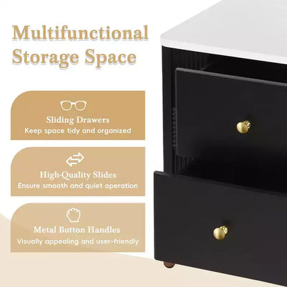Whisen Modern Minimalist Nightstand with 2 Storage Drawer, Golden Metal Handles and Legs, Unique Textured Design