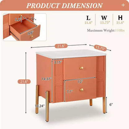 Whisen Modern Minimalist Nightstand with 2 Storage Drawer, Golden Metal Handles and Legs, Unique Textured Design