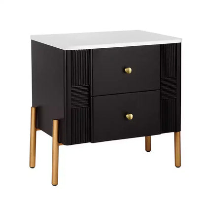 Whisen Modern Minimalist Nightstand with 2 Storage Drawer, Golden Metal Handles and Legs, Unique Textured Design
