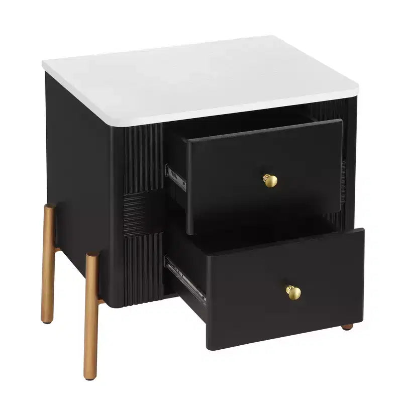 Whisen Modern Minimalist Nightstand with 2 Storage Drawer, Golden Metal Handles and Legs, Unique Textured Design