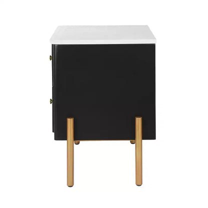 Whisen Modern Minimalist Nightstand with 2 Storage Drawer, Golden Metal Handles and Legs, Unique Textured Design