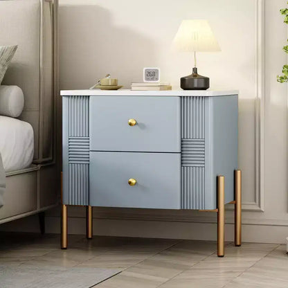 Whisen Modern Minimalist Nightstand with 2 Storage Drawer, Golden Metal Handles and Legs, Unique Textured Design