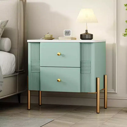 Whisen Modern Minimalist Nightstand with 2 Storage Drawer, Golden Metal Handles and Legs, Unique Textured Design