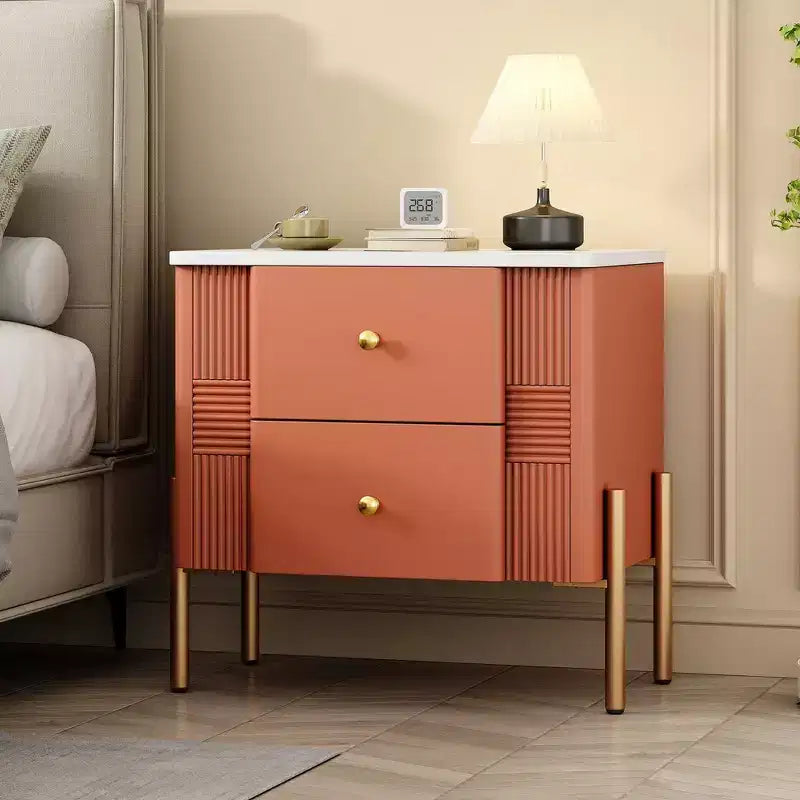 Whisen Modern Minimalist Nightstand with 2 Storage Drawer, Golden Metal Handles and Legs, Unique Textured Design