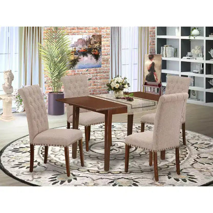 HomeStock Rectangle Dinette Set Linen Chairs Mahogany Finish