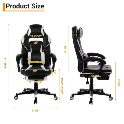 Chaise de gamer pivotante à 360° et réglable en hauteur avec repose-pieds rétractable et support lombaire ergonomique, en cuir PU, avec appui-tête pour le bureau