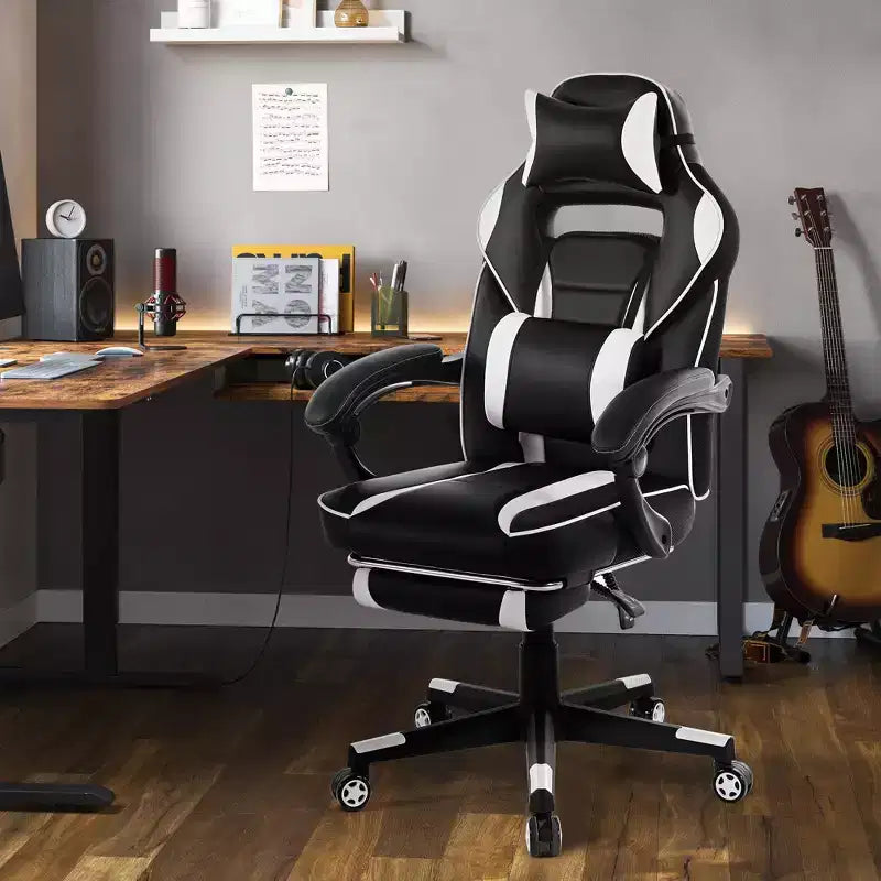 Chaise de gamer pivotante à 360° et réglable en hauteur avec repose-pieds rétractable et support lombaire ergonomique, en cuir PU, avec appui-tête pour le bureau