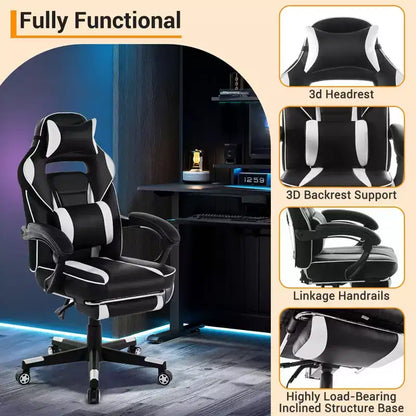 Chaise de gamer pivotante à 360° et réglable en hauteur avec repose-pieds rétractable et support lombaire ergonomique, en cuir PU, avec appui-tête pour le bureau