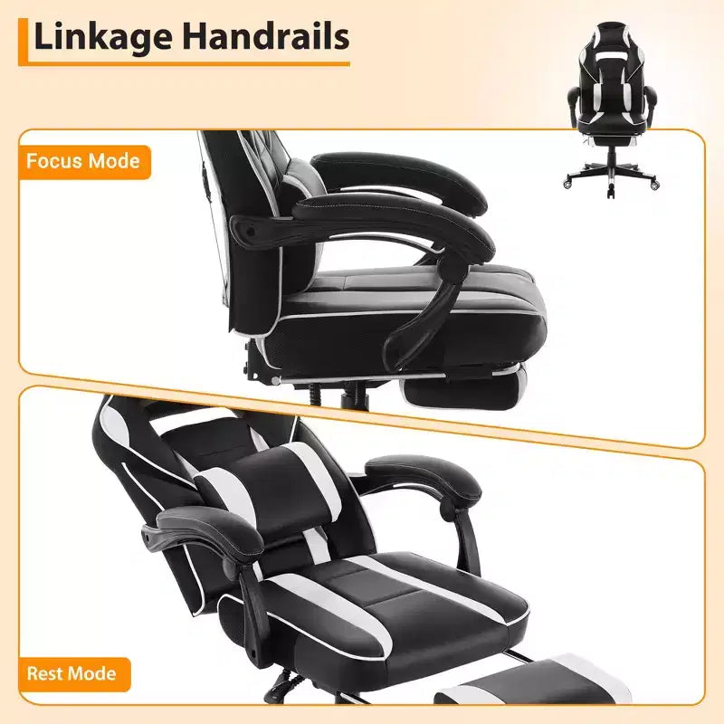 Chaise de gamer pivotante à 360° et réglable en hauteur avec repose-pieds rétractable et support lombaire ergonomique, en cuir PU, avec appui-tête pour le bureau