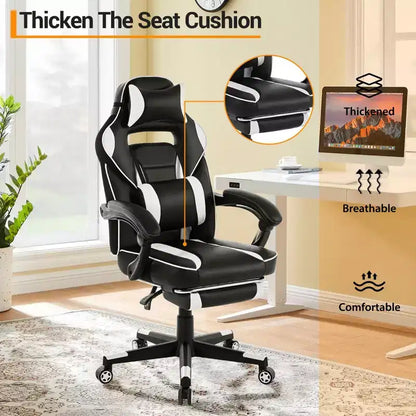Chaise de gamer pivotante à 360° et réglable en hauteur avec repose-pieds rétractable et support lombaire ergonomique, en cuir PU, avec appui-tête pour le bureau