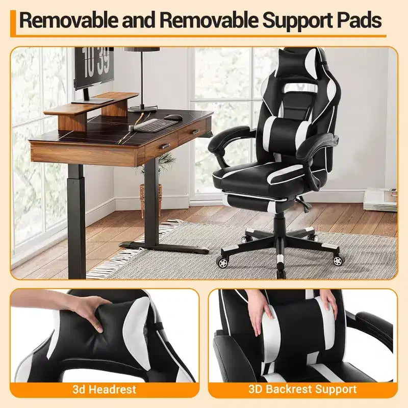 Chaise de gamer pivotante à 360° et réglable en hauteur avec repose-pieds rétractable et support lombaire ergonomique, en cuir PU, avec appui-tête pour le bureau