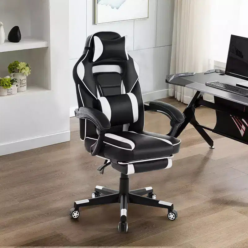Chaise de gamer pivotante à 360° et réglable en hauteur avec repose-pieds rétractable et support lombaire ergonomique, en cuir PU, avec appui-tête pour le bureau