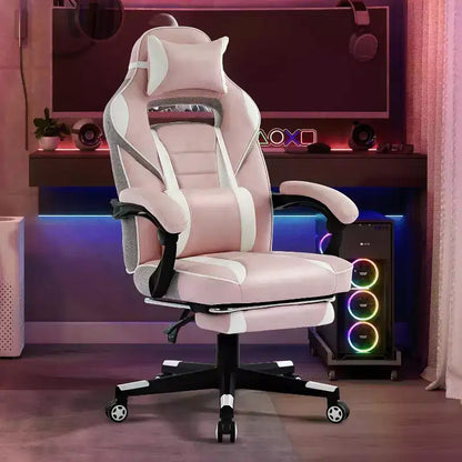 Chaise de gamer pivotante à 360° et réglable en hauteur avec repose-pieds rétractable et support lombaire ergonomique, en cuir PU, avec appui-tête pour le bureau