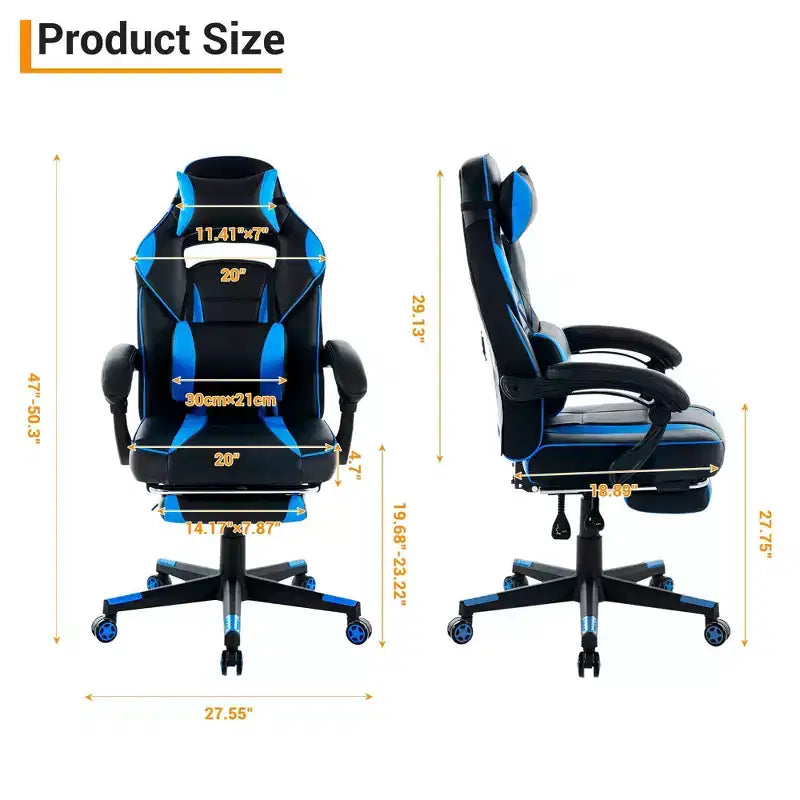 Chaise de gamer pivotante à 360° et réglable en hauteur avec repose-pieds rétractable et support lombaire ergonomique, en cuir PU, avec appui-tête pour le bureau