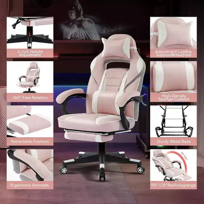 Chaise de gamer pivotante à 360° et réglable en hauteur avec repose-pieds rétractable et support lombaire ergonomique, en cuir PU, avec appui-tête pour le bureau