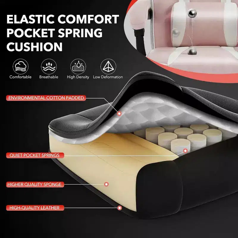 Chaise de gamer pivotante à 360° et réglable en hauteur avec repose-pieds rétractable et support lombaire ergonomique, en cuir PU, avec appui-tête pour le bureau