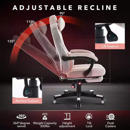 Chaise de gamer pivotante à 360° et réglable en hauteur avec repose-pieds rétractable et support lombaire ergonomique, en cuir PU, avec appui-tête pour le bureau