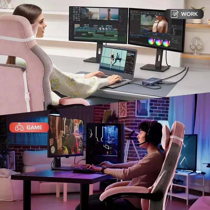 Chaise de gamer pivotante à 360° et réglable en hauteur avec repose-pieds rétractable et support lombaire ergonomique, en cuir PU, avec appui-tête pour le bureau