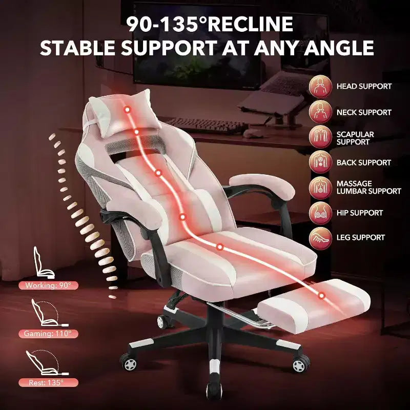 Chaise de gamer pivotante à 360° et réglable en hauteur avec repose-pieds rétractable et support lombaire ergonomique, en cuir PU, avec appui-tête pour le bureau