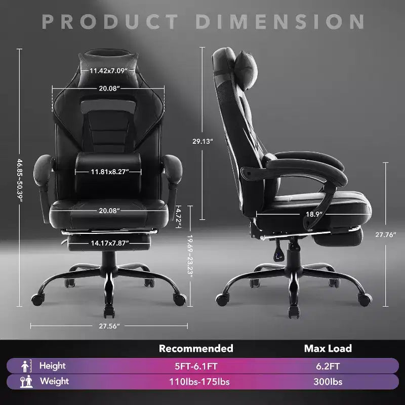 Chaise de gamer pivotante à 360° et réglable en hauteur avec repose-pieds rétractable et support lombaire ergonomique, en cuir PU, avec appui-tête pour le bureau