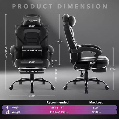 Chaise de gamer pivotante à 360° et réglable en hauteur avec repose-pieds rétractable et support lombaire ergonomique, en cuir PU, avec appui-tête pour le bureau