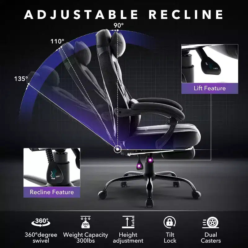 Chaise de gamer pivotante à 360° et réglable en hauteur avec repose-pieds rétractable et support lombaire ergonomique, en cuir PU, avec appui-tête pour le bureau