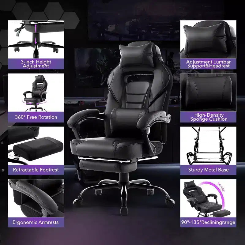 Chaise de gamer pivotante à 360° et réglable en hauteur avec repose-pieds rétractable et support lombaire ergonomique, en cuir PU, avec appui-tête pour le bureau