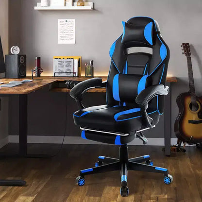 Chaise de gamer pivotante à 360° et réglable en hauteur avec repose-pieds rétractable et support lombaire ergonomique, en cuir PU, avec appui-tête pour le bureau