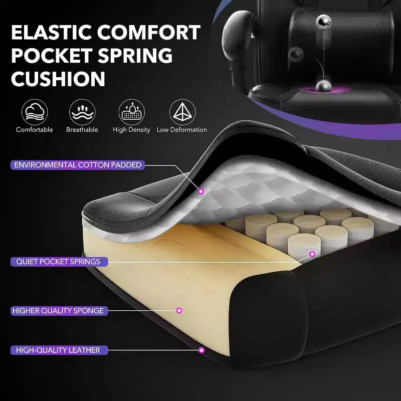 Chaise de gamer pivotante à 360° et réglable en hauteur avec repose-pieds rétractable et support lombaire ergonomique, en cuir PU, avec appui-tête pour le bureau