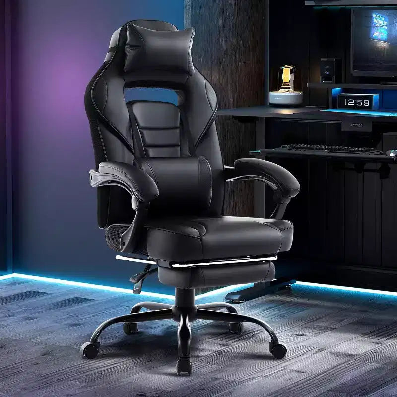 Chaise de gamer pivotante à 360° et réglable en hauteur avec repose-pieds rétractable et support lombaire ergonomique, en cuir PU, avec appui-tête pour le bureau
