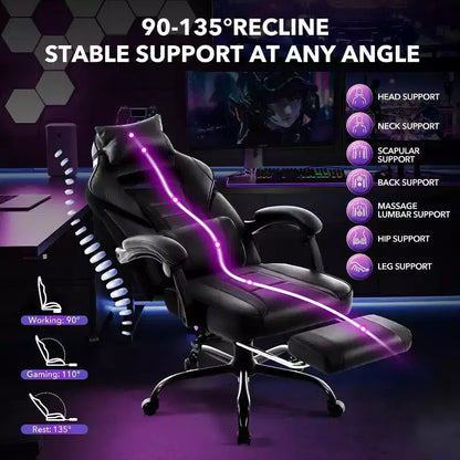 Chaise de gamer pivotante à 360° et réglable en hauteur avec repose-pieds rétractable et support lombaire ergonomique, en cuir PU, avec appui-tête pour le bureau