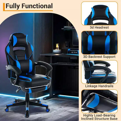 Chaise de gamer pivotante à 360° et réglable en hauteur avec repose-pieds rétractable et support lombaire ergonomique, en cuir PU, avec appui-tête pour le bureau
