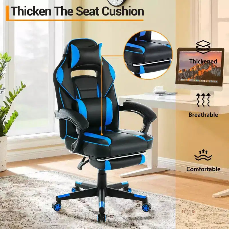 Chaise de gamer pivotante à 360° et réglable en hauteur avec repose-pieds rétractable et support lombaire ergonomique, en cuir PU, avec appui-tête pour le bureau