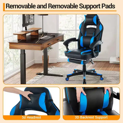 Chaise de gamer pivotante à 360° et réglable en hauteur avec repose-pieds rétractable et support lombaire ergonomique, en cuir PU, avec appui-tête pour le bureau