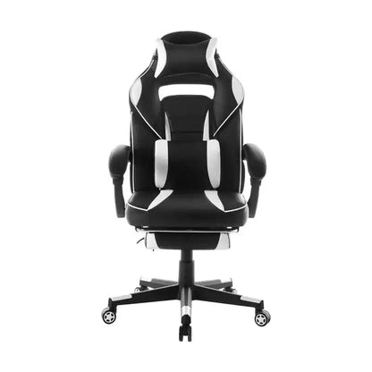 Chaise de gamer pivotante à 360° et réglable en hauteur avec repose-pieds rétractable et support lombaire ergonomique, en cuir PU, avec appui-tête pour le bureau