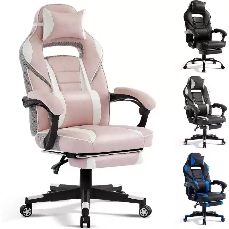 Chaise de gamer pivotante à 360° et réglable en hauteur avec repose-pieds rétractable et support lombaire ergonomique, en cuir PU, avec appui-tête pour le bureau
