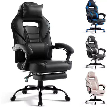 Chaise de gamer pivotante à 360° et réglable en hauteur avec repose-pieds rétractable et support lombaire ergonomique, en cuir PU, avec appui-tête pour le bureau