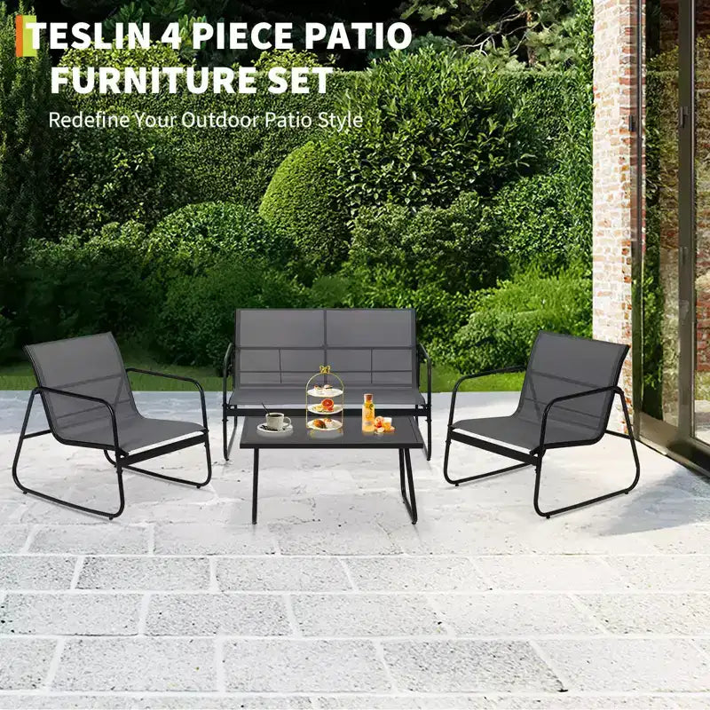 4 Piece Outdoor Patio Conversation Sets, All Weather Textilene Outdoor Table and Chair Set, Small Patio Furniture for Deck Balcony Garden