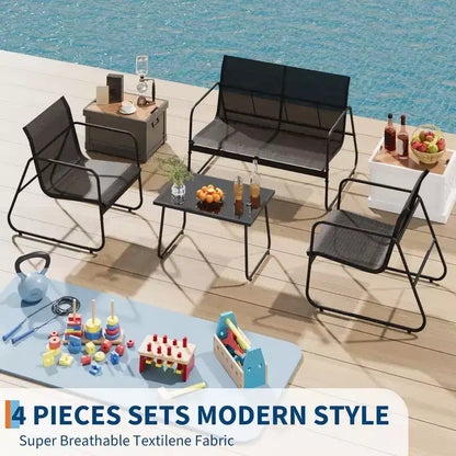 4 Piece Outdoor Patio Conversation Sets, All Weather Textilene Outdoor Table and Chair Set, Small Patio Furniture for Deck Balcony Garden