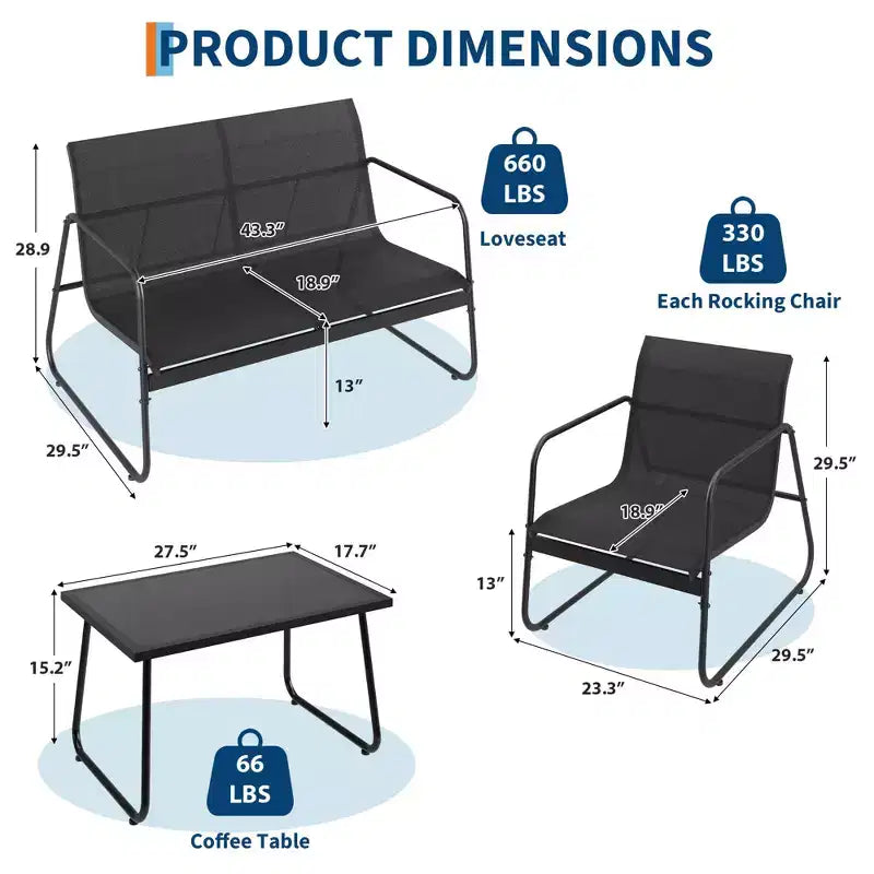 4 Piece Outdoor Patio Conversation Sets, All Weather Textilene Outdoor Table and Chair Set, Small Patio Furniture for Deck Balcony Garden