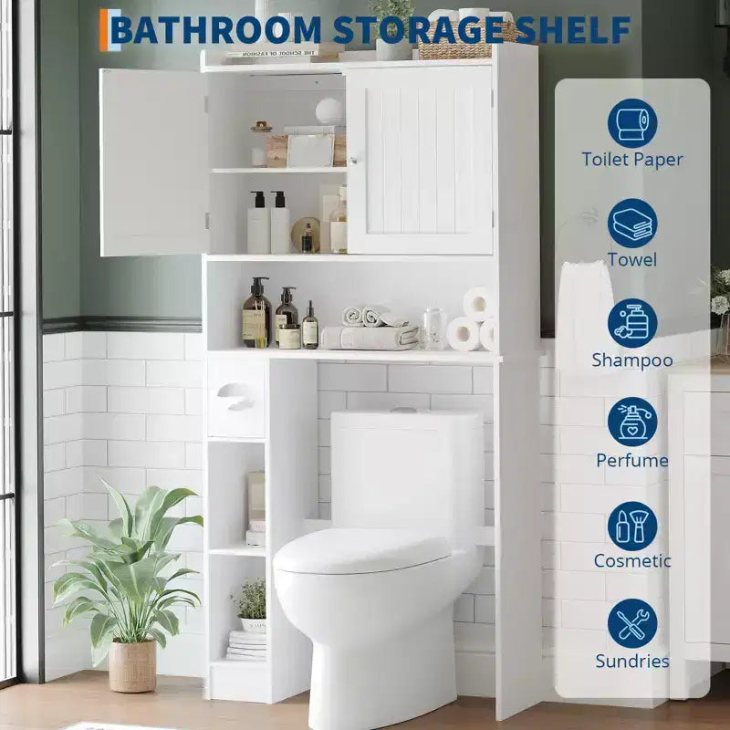 Over The Toilet Storage Cabinet, Bathroom Above Toilet Cabinet Organizer Paper Holder & Adjustable Shelves, Space Saving Toilet Rack