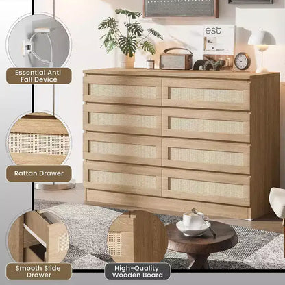 Commode 8 tiroirs CuisinSmart, commode double moderne en rotin, commode en bois pour chambre à coucher, meuble TV et meuble d'appoint